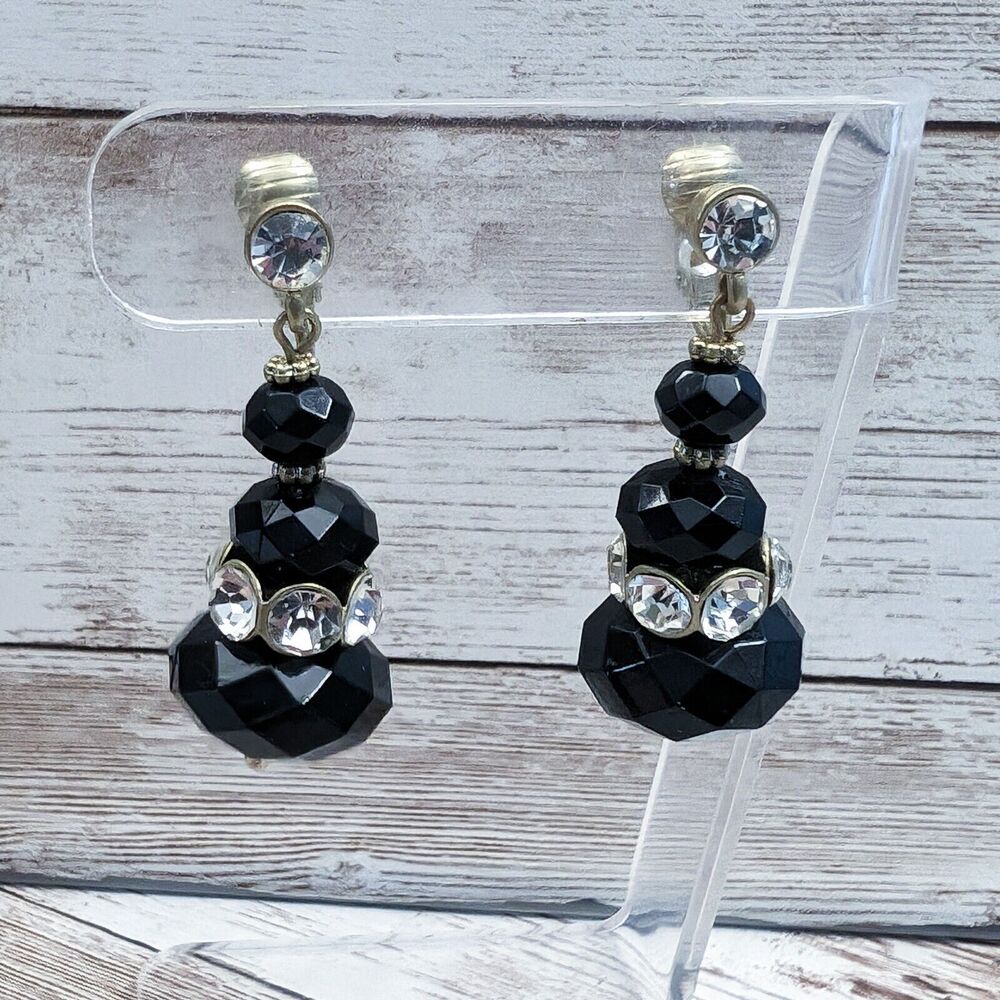 Vintage Clip On Earrings - Black Faceted Bead Dangle